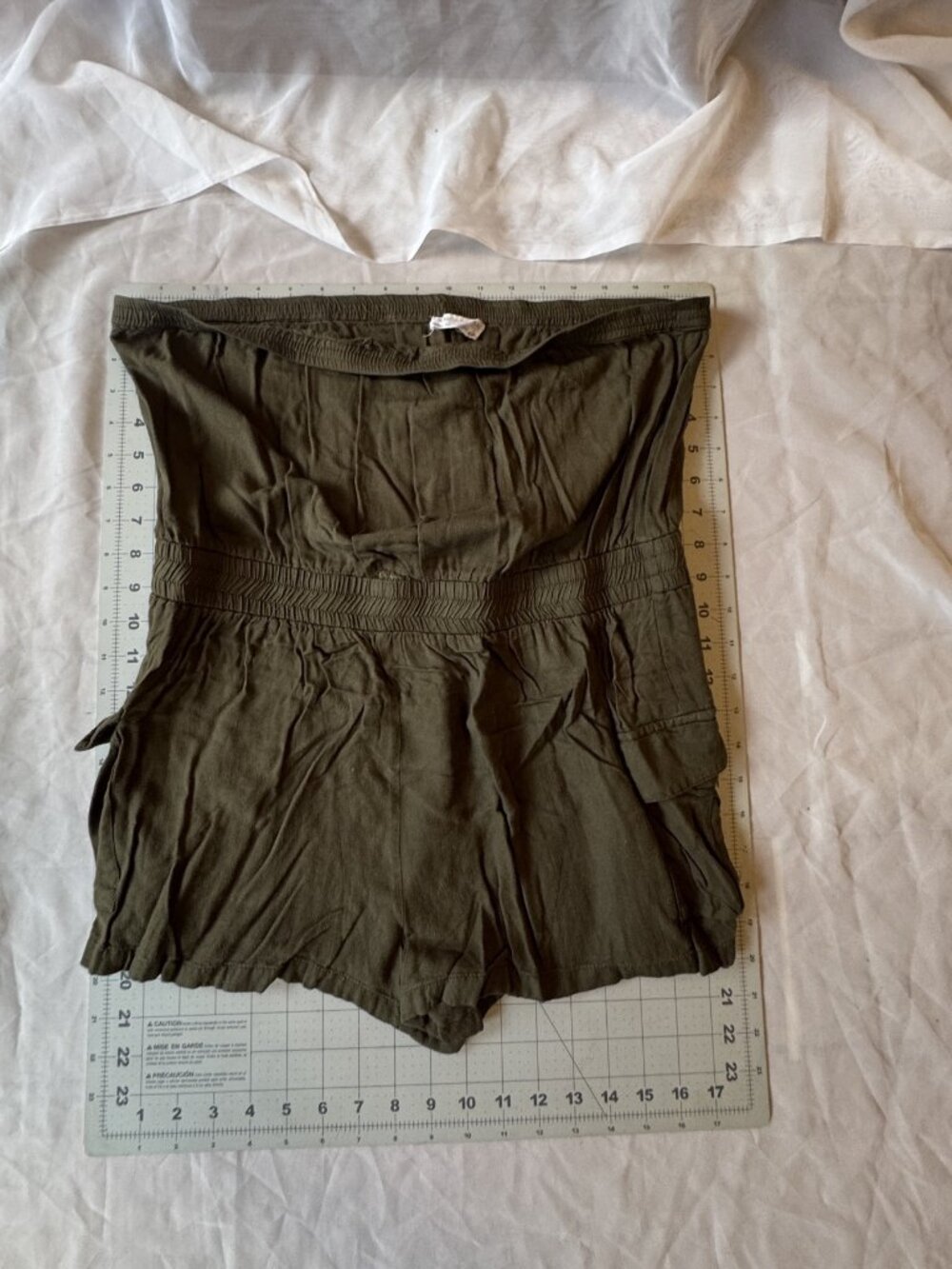 Jolie & Joy Olive Strapless Romper Smocked Waist Cargo Pockets Rayon